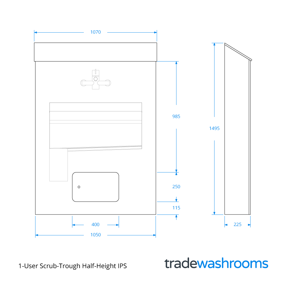 1-User Scrub Trough - Half-Height IPS Dimensions