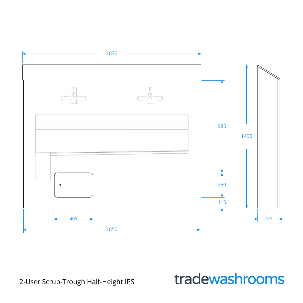 2-User Scrub Trough - Half-Height IPS Dimensions