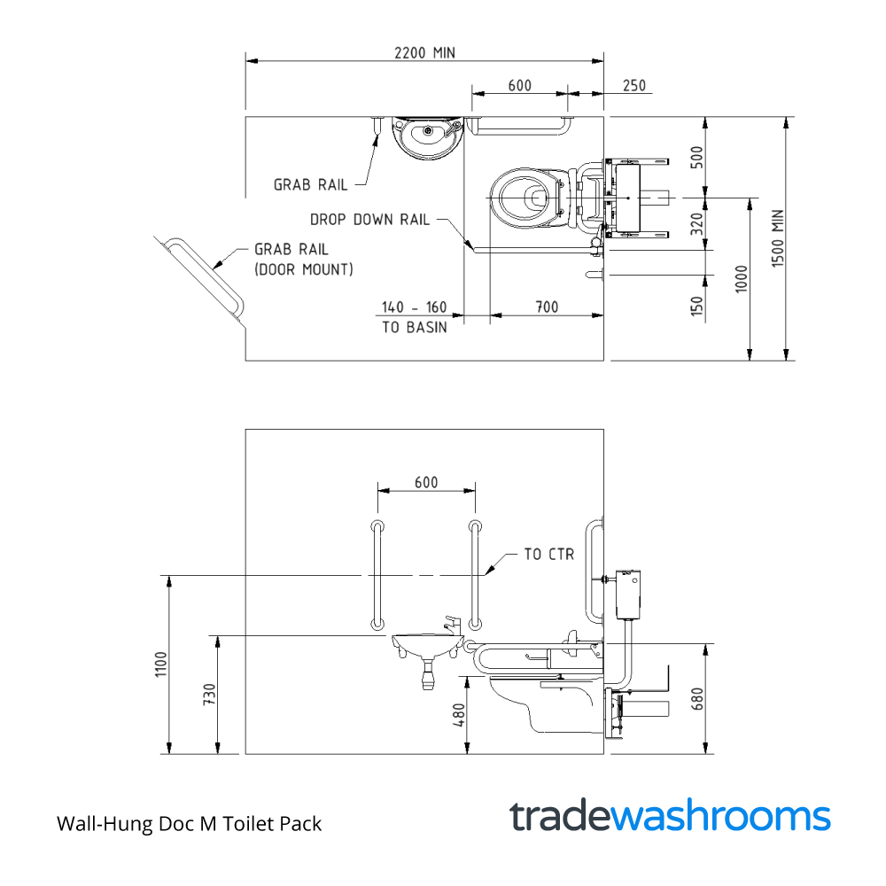 DM830KC - Wall-Hung Doc M Toilet Pack Dimensions