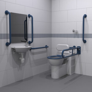 Back-to-Wall Doc M Toilet Pack with Dark Blue Grab Rails