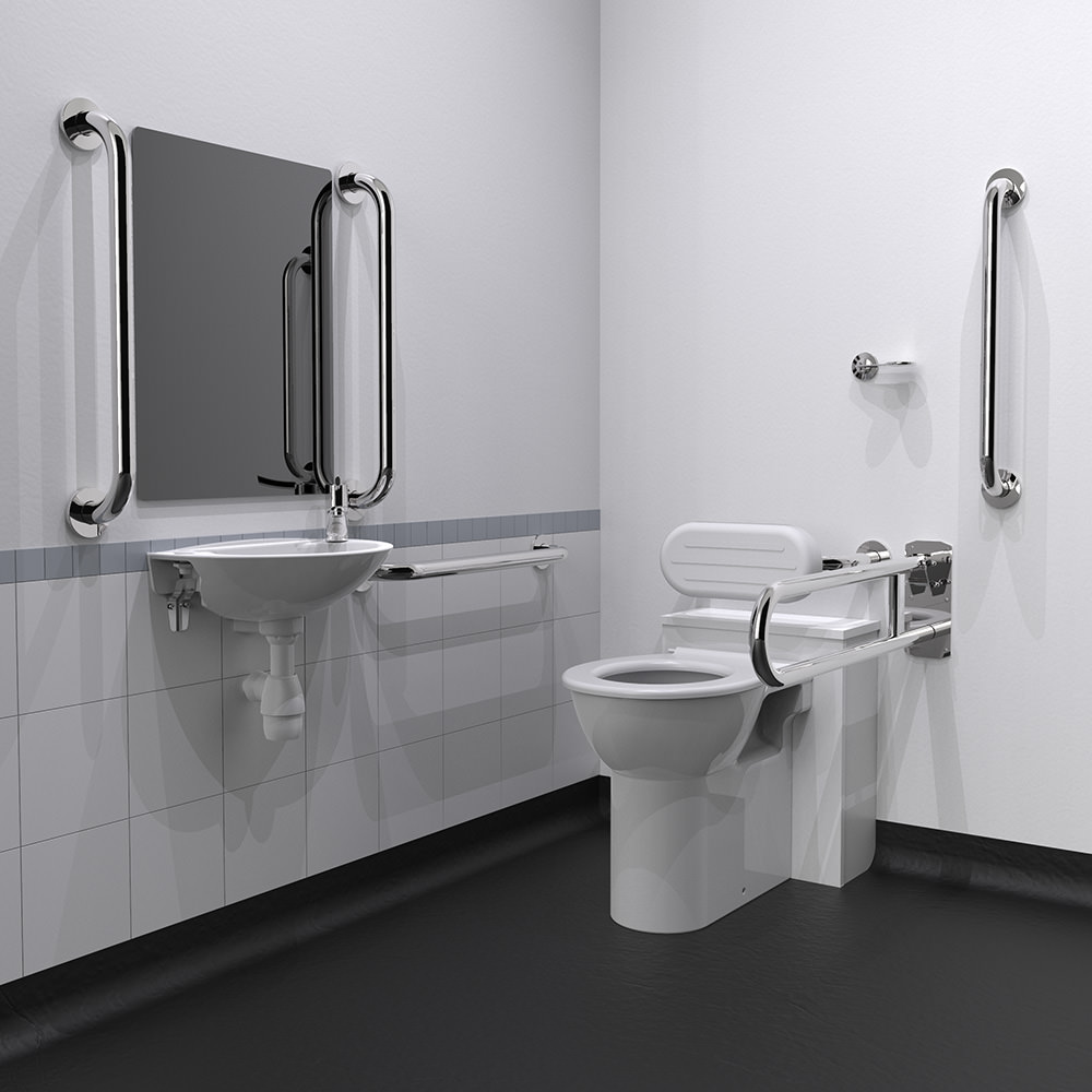 Back-to-Wall Doc M Toilet Pack with Polished Stainless Steel Grab Rails