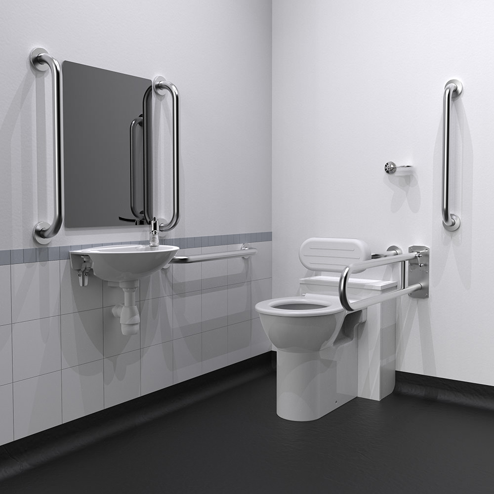 Back-to-Wall Doc M Toilet Pack with Satin Stainless Steel Grab Rails