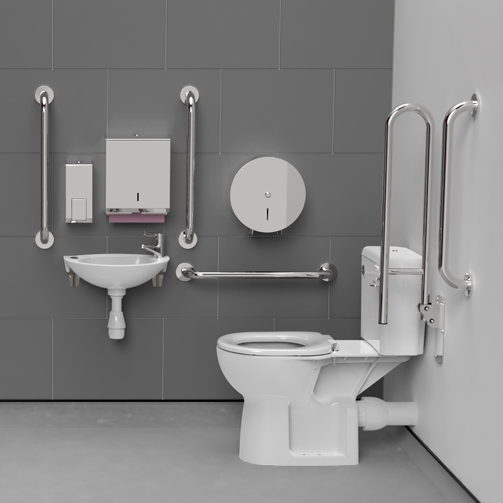 Close Coupled Doc M Toilet Pack with Polished Stainless Steel Grab Rails - F21-CCLX-SSC-SP