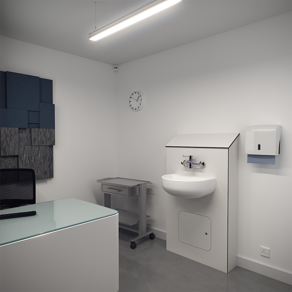 White Half-Height IPS with Basin and Tap in Doctors Consulting Room