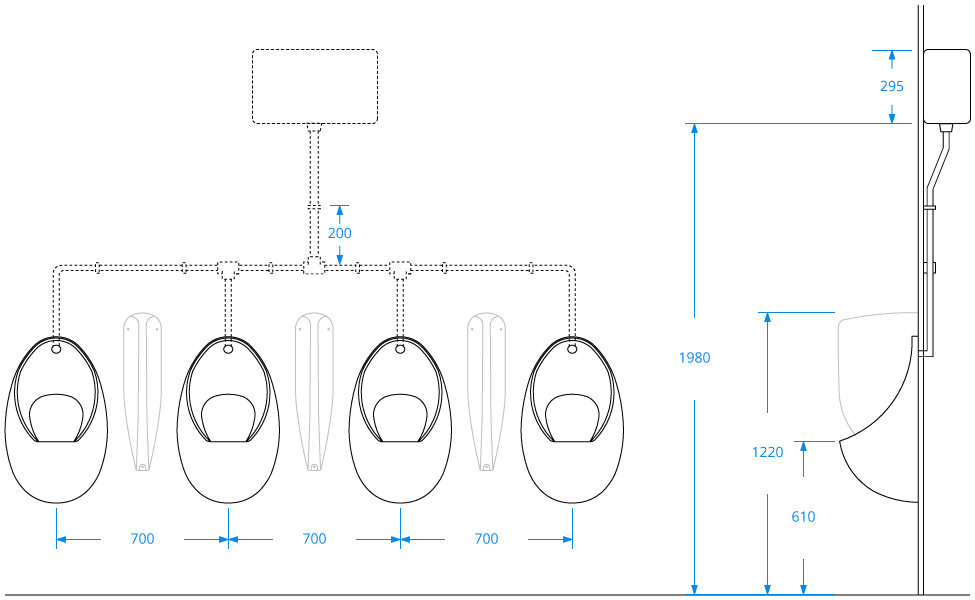 Four Bowl Urinal Set with Concealed Pipework Four Bowl Urinal Set with Concealed Pipework