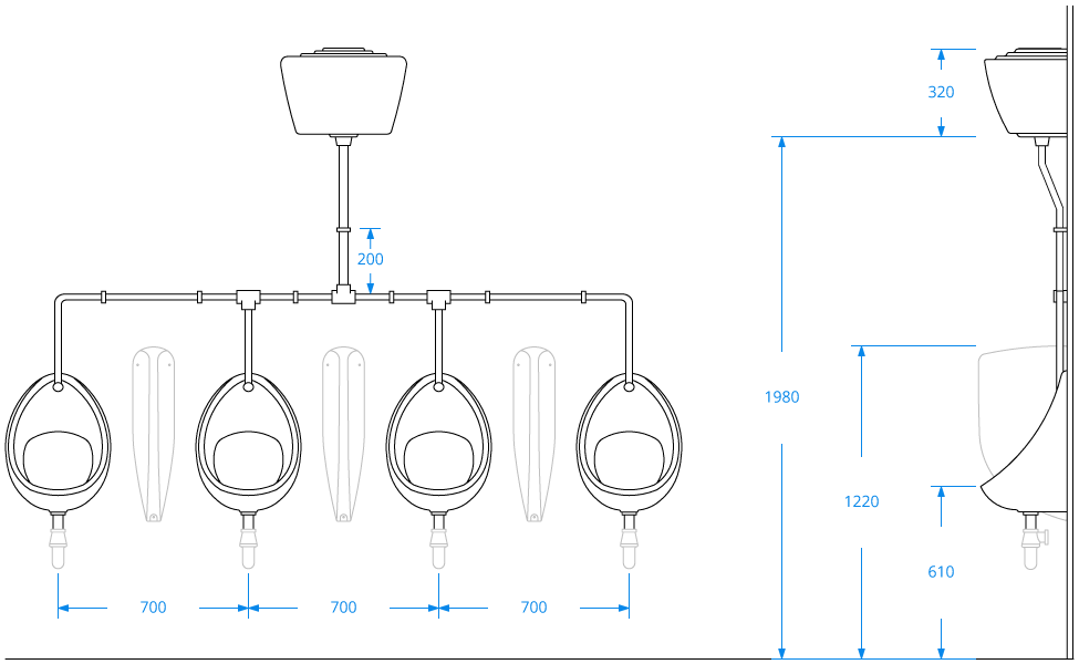 Four Urinal Bowl Set with Exposed Pipework Four Urinal Bowl Set with Exposed Pipework