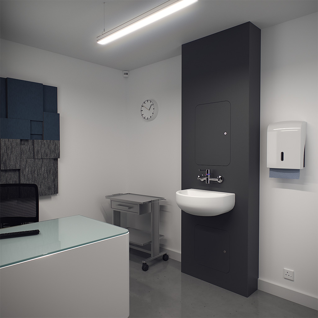 Dark Grey Full-Height IPS with Basin and Tap in GP Consulting Room