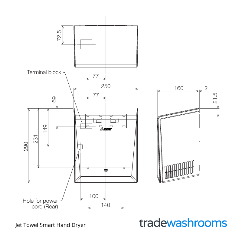 Jet Towel Smart Hand Dryer - Dimensions
