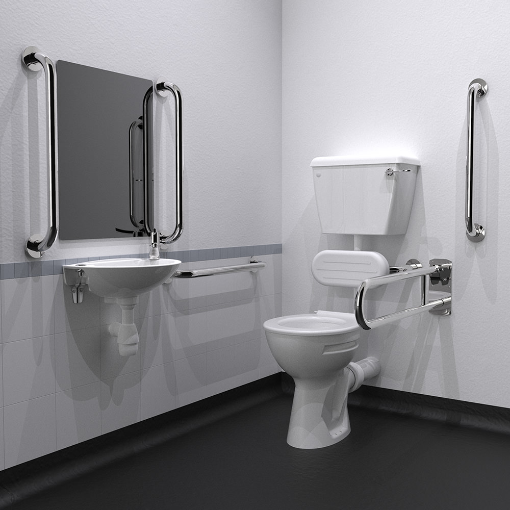 Low-Level Doc M Toilet Pack with Polished Stainless Steel Grab Rails