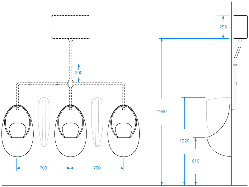 Three Bowl Urinal Set with Concealed Pipework Three Bowl Urinal Set with Concealed Pipework