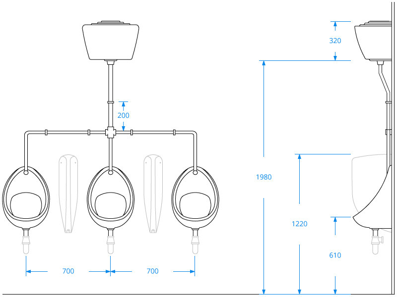 Three Urinal Bowl Set with Exposed Pipework Three Urinal Bowl Set with Exposed Pipework