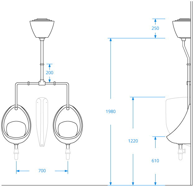 Two Urinal Bowl Set with Exposed Pipework Two Urinal Bowl Set with Exposed Pipework